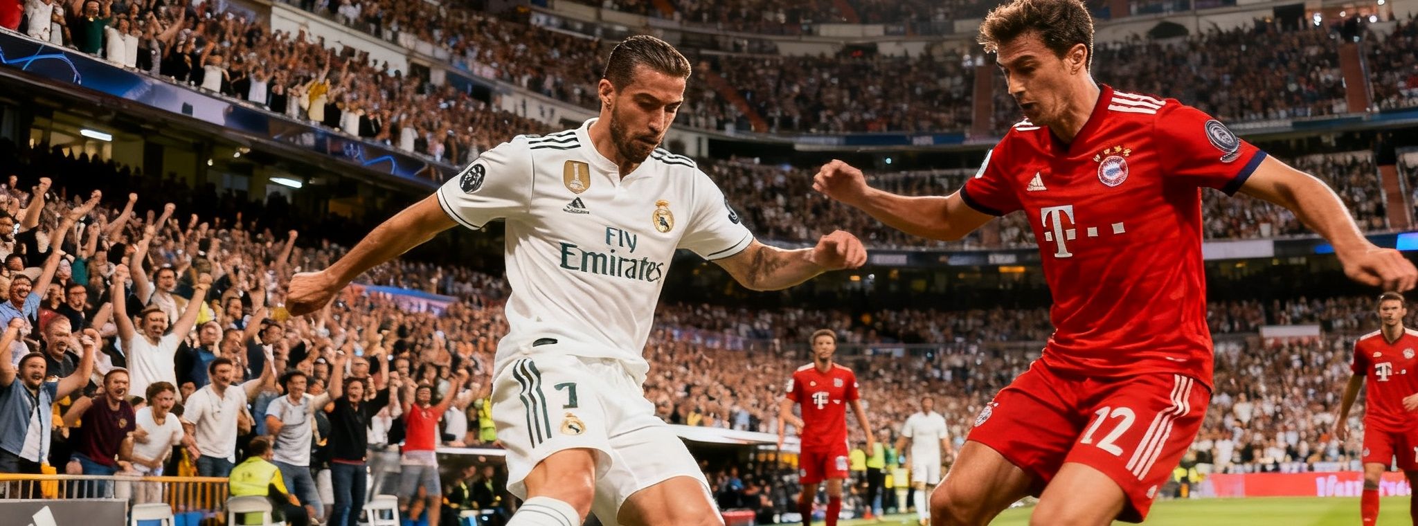 欧冠联赛皇家马德里主场伯纳乌球场座无虚席，皇马球员身穿白色球衣与拜仁慕尼黑红衫军团激烈拼抢的精彩瞬间