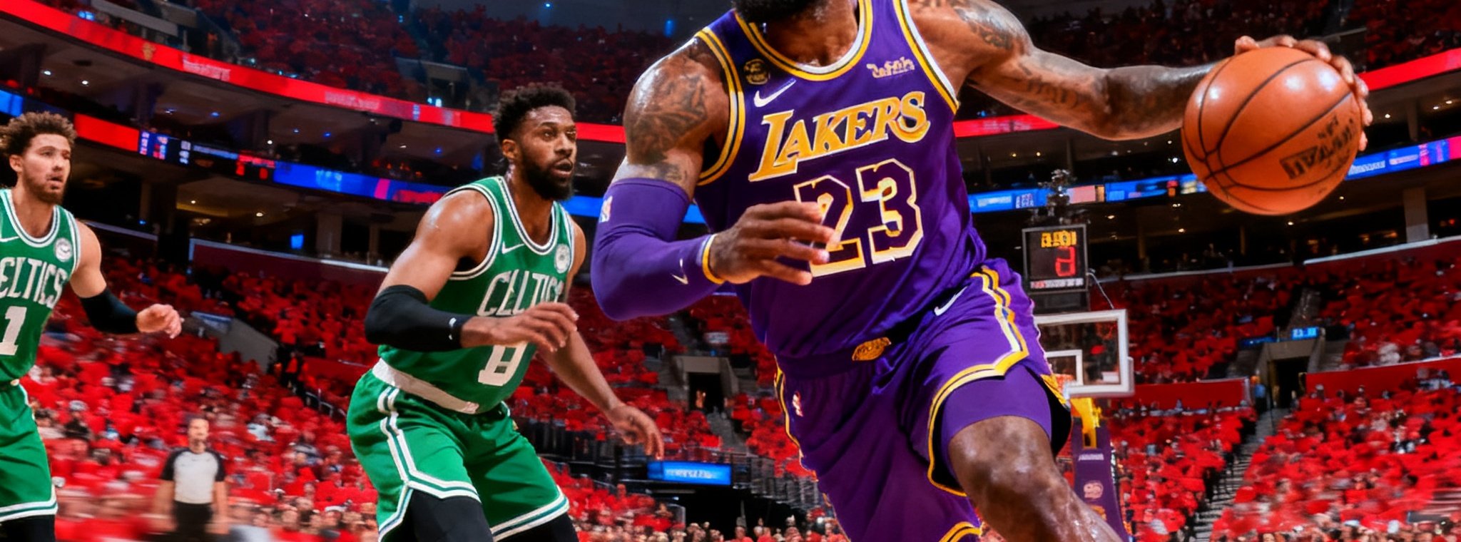 NBA总决赛洛杉矶湖人队主场斯台普斯中心内灯光璀璨，勒布朗·詹姆斯持球突破凯尔特人防守阵线的决定性时刻